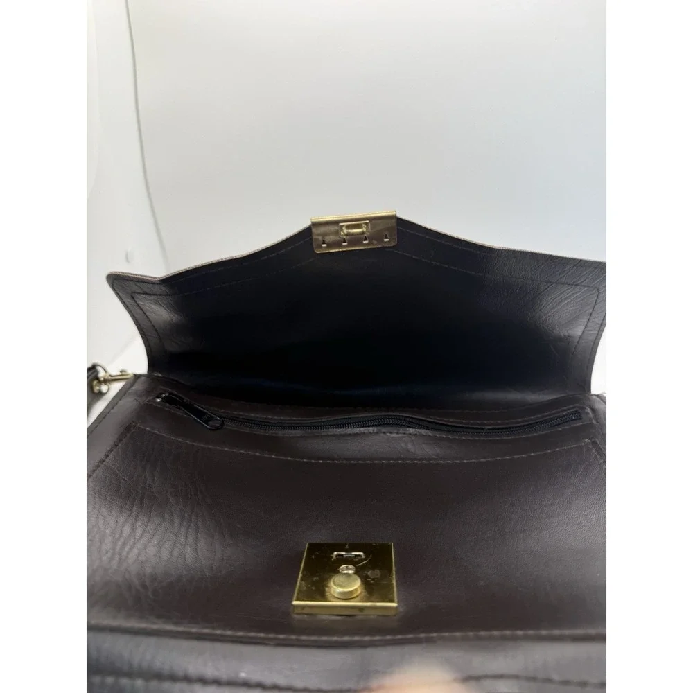 VTG Brown Leather Briefcase Gold Tone Lock & Key 12x8 Slim Portfolio Attache Bag